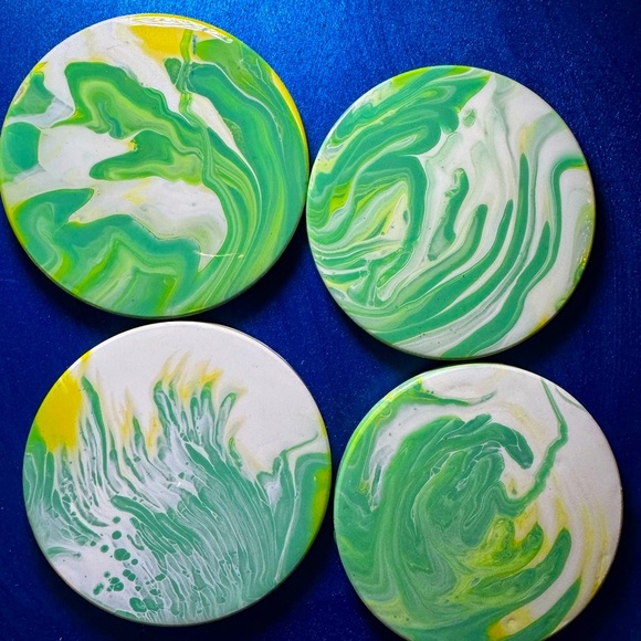 4 COASTERS  Green, White and Yellow Acrylic and resin shine finish - Picture 8 of 8